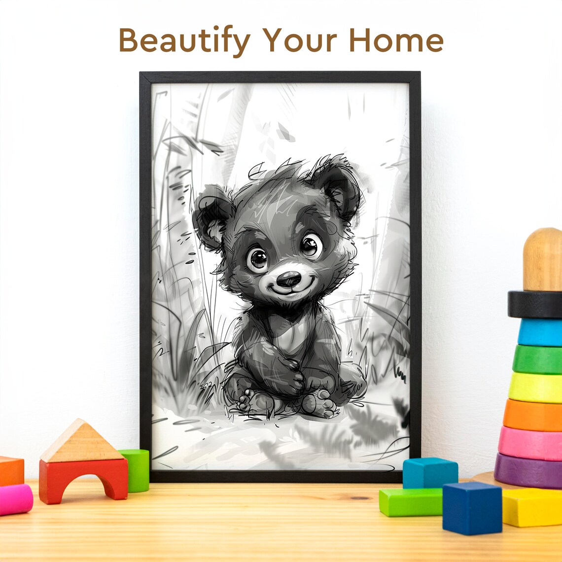 Baby Black Bear Cub Pencil Sketch Cute Nursery Wildlife Wall Art - Image 3