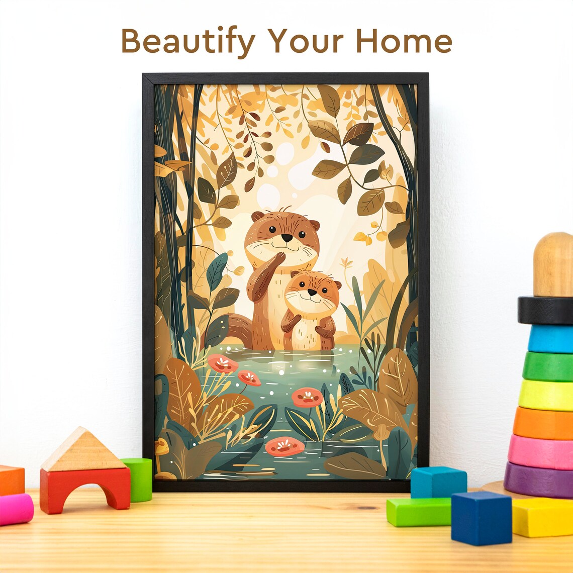 Otter Mother and Baby Sweet Cartoon Illustration Nursery Poster - Image 3