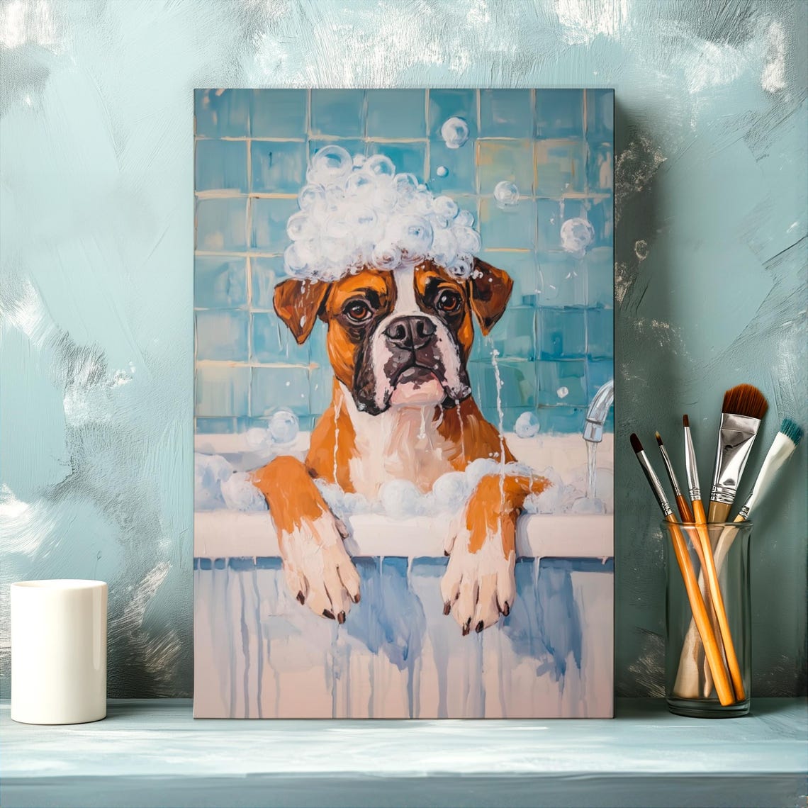 Adorable Boxer Dog Enjoying A Bubble Bath Wearing A Suds Crown Poster