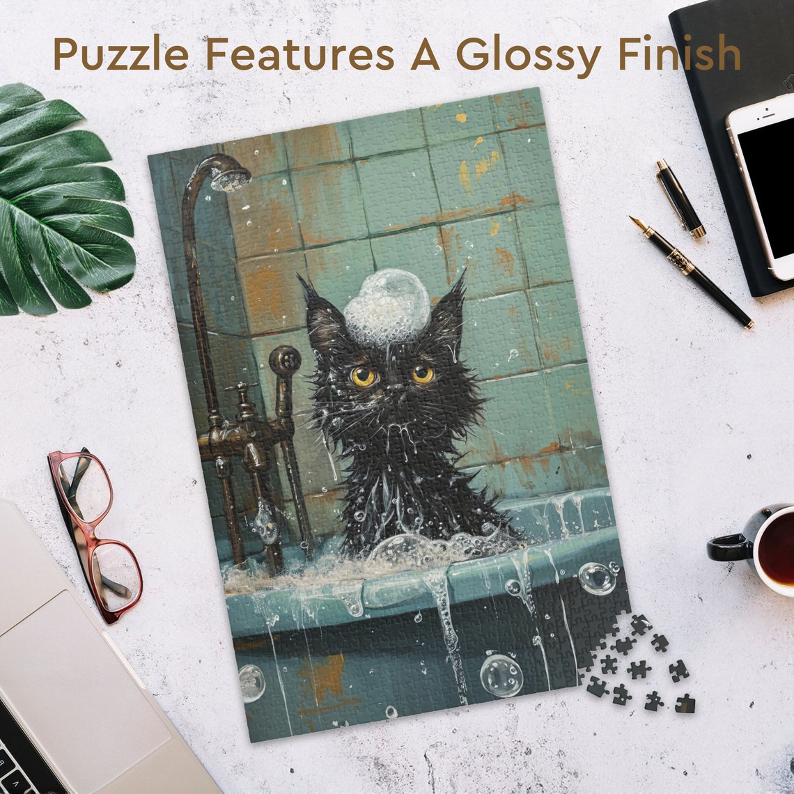 Wet Black Cat Taking a Soapy Bubble Bath in an Old Tub Poster - Image 3