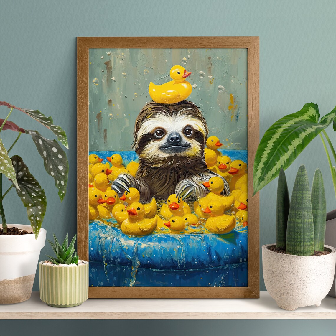 Sloth Relaxing in a Blue Pool Full of Yellow Rubber Ducks Poster