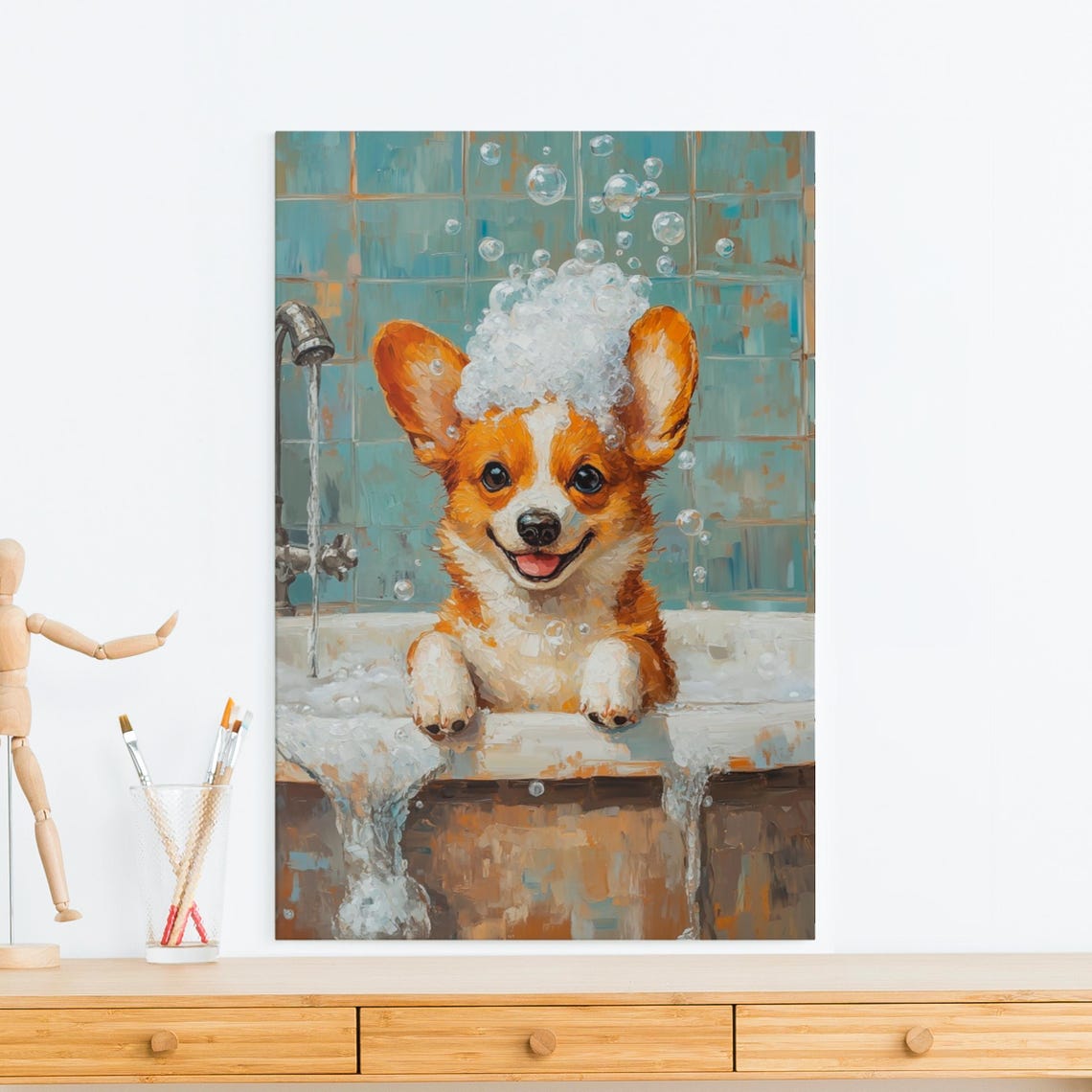 Smiling Corgi Puppy in a Bubble Bath with Foam on Its Ears Poster