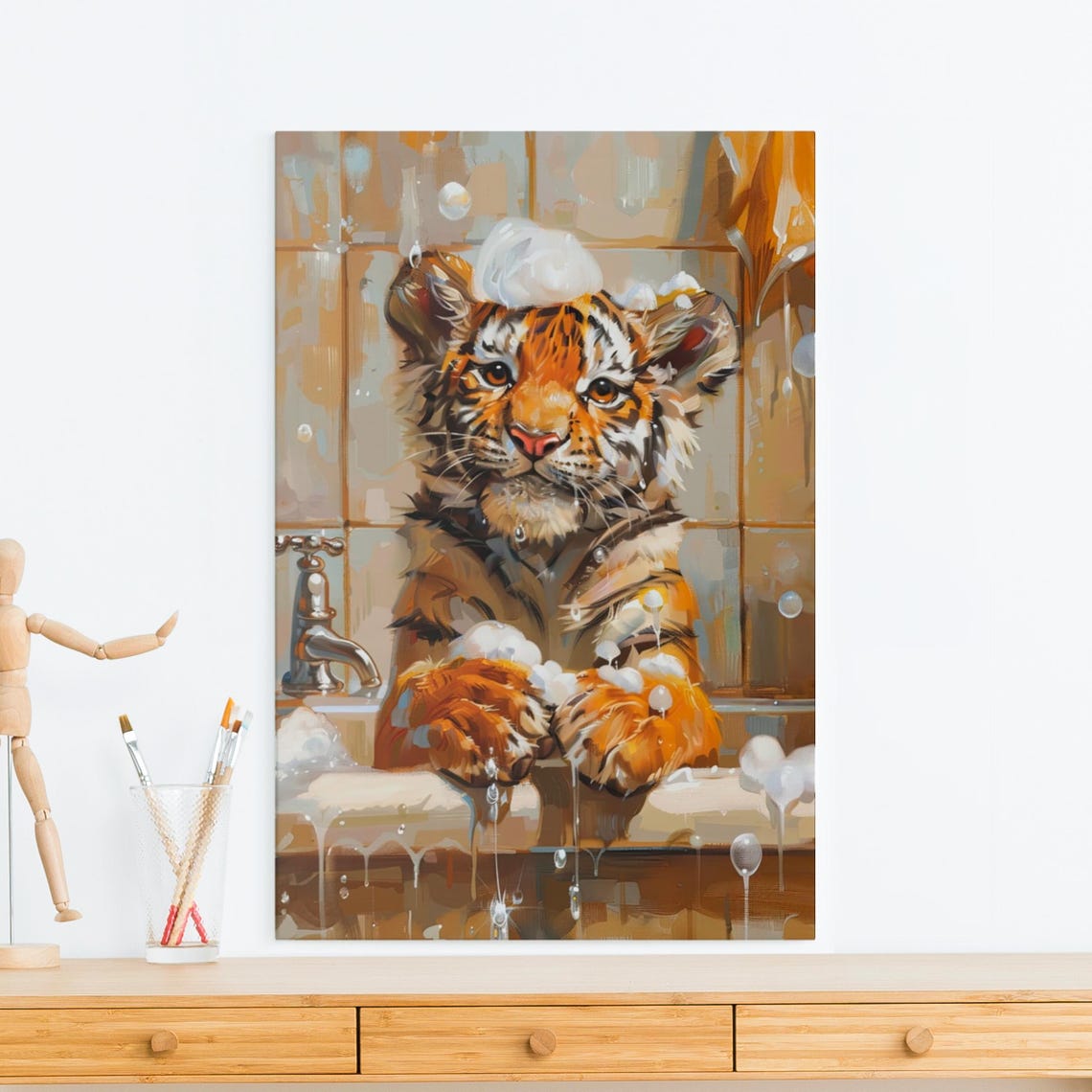 Tiger Cub in a Bubble Bath with Foam Balanced on Its Head Poster