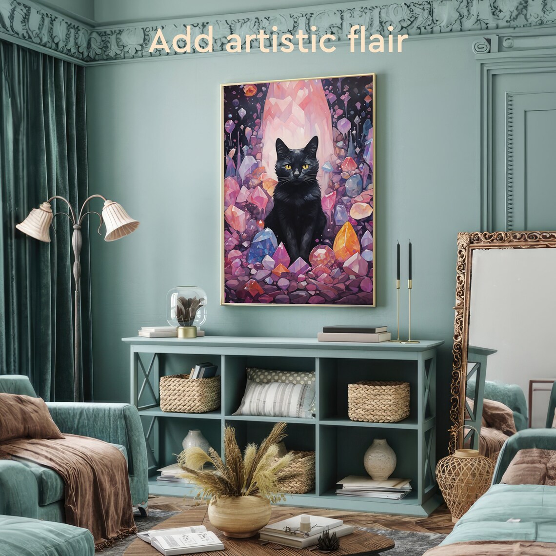 Black Cat and Gemstone Crystals, Watercolor Art Print - Image 2