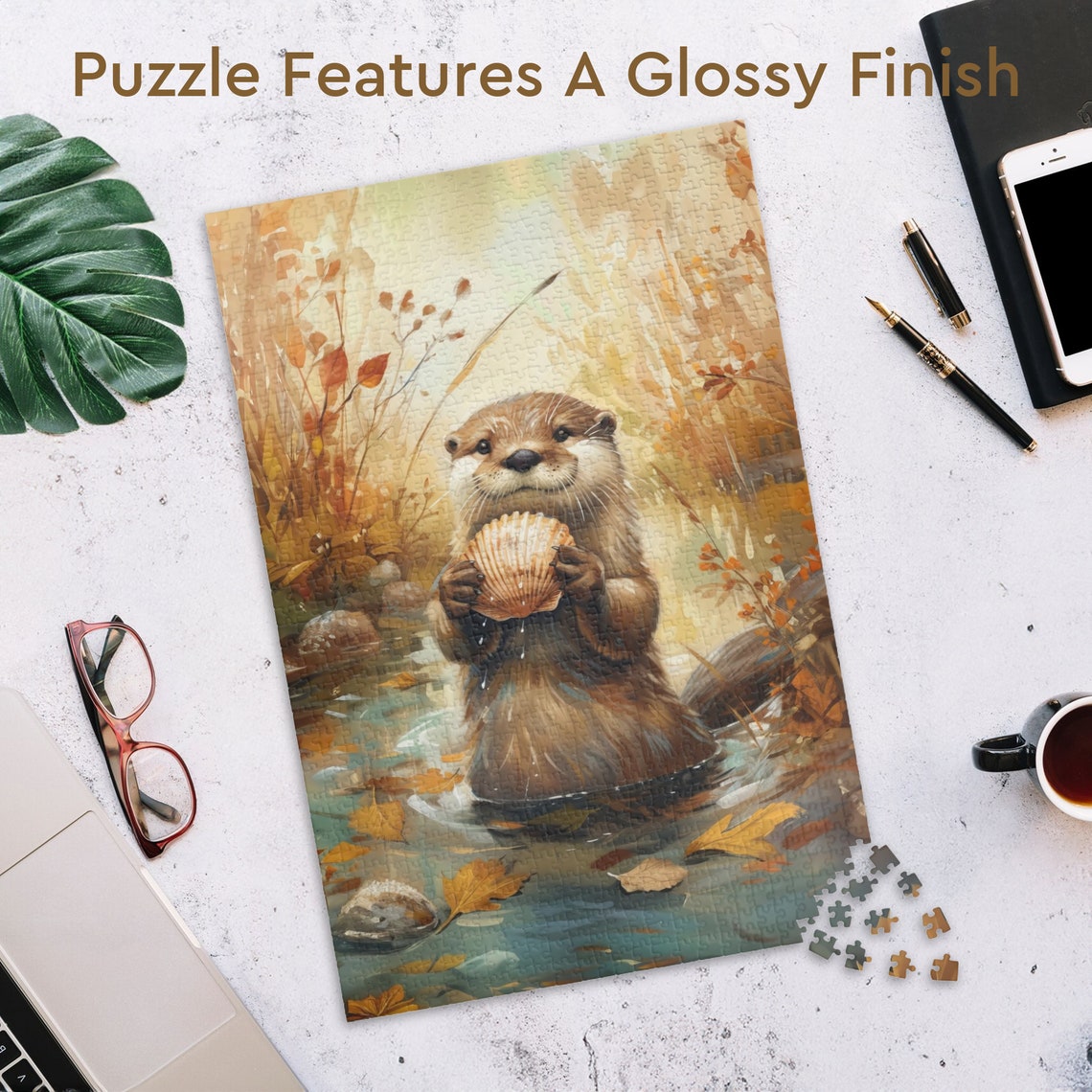 Cute Otter Holding a Seashell in a Golden Autumn Creek Poster - Image 3