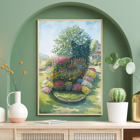 Blooming Flower Garden Bed Cottage House Watercolor Botanical Poster