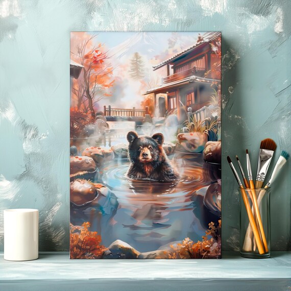 Black Bear Relaxing In A Japanese Onsen Near Mount Fuji Poster