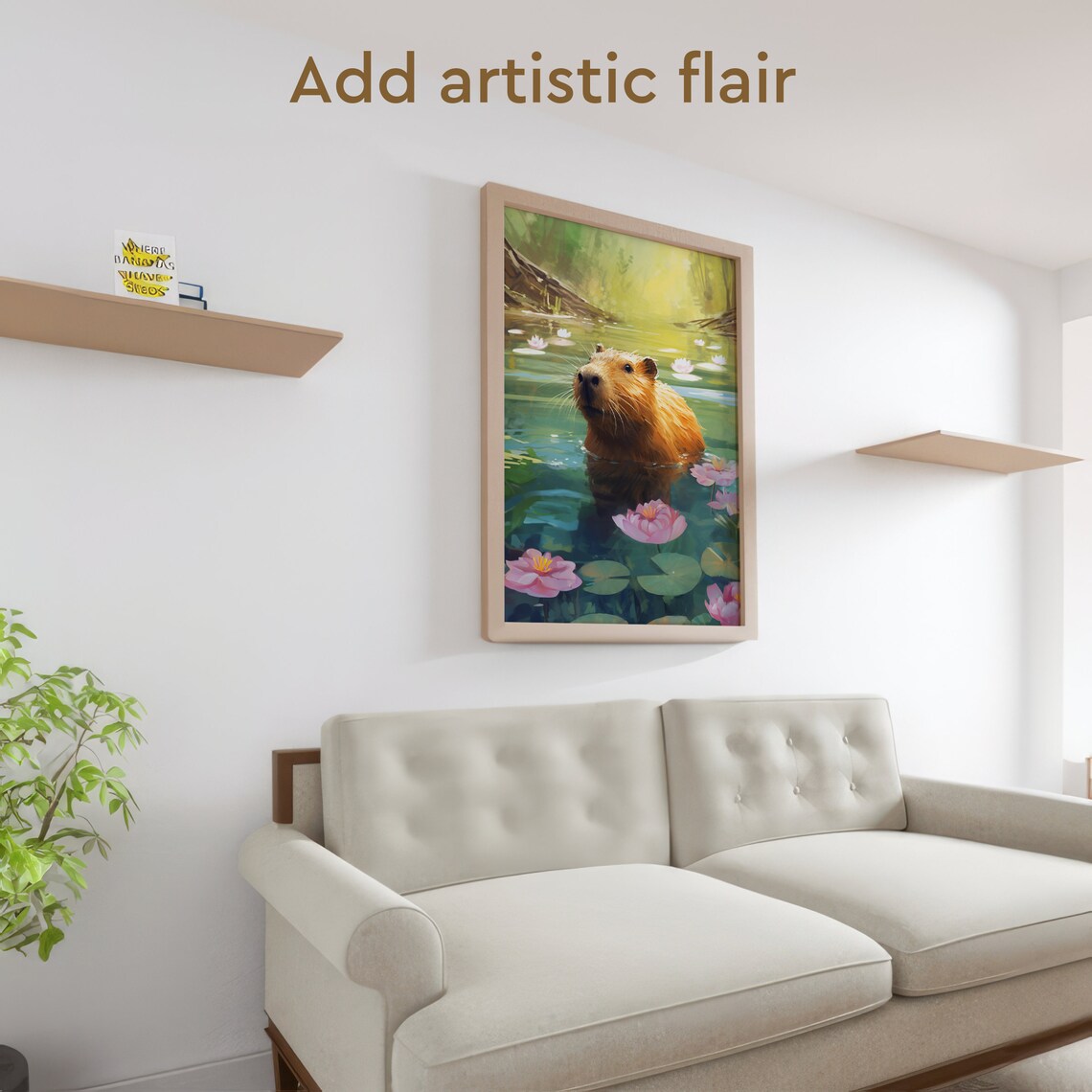 Capybara Swimming River Water Lilies Oil Painting Cute Animal Poster - Image 2