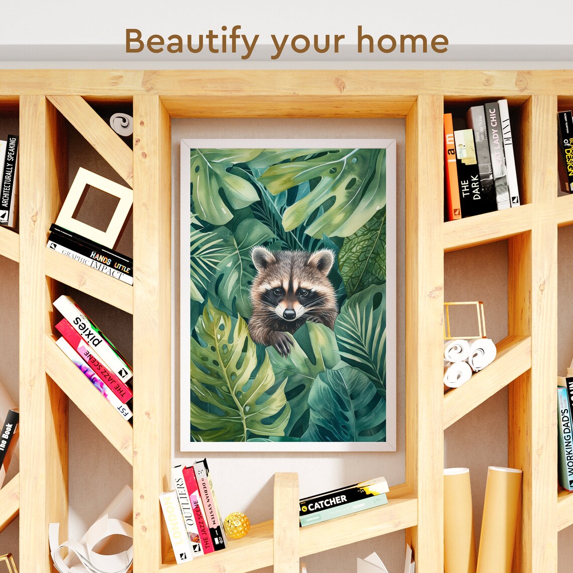 Raccoon Peeking Through Lush Tropical Monstera Leaves Watercolor Poster - Image 3