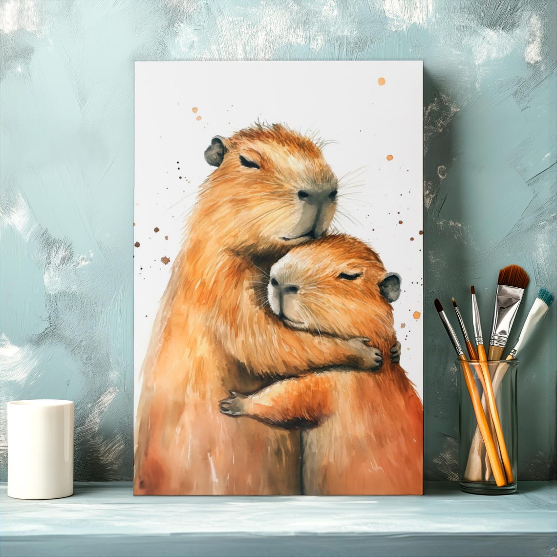 Capybara Pair Sharing A Tender Loving Hug Watercolor Art Poster