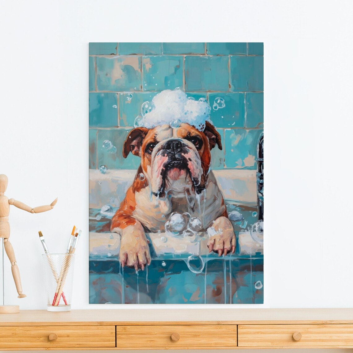 English Bulldog in a Bubble Bath with Foam Piled on Its Head Poster