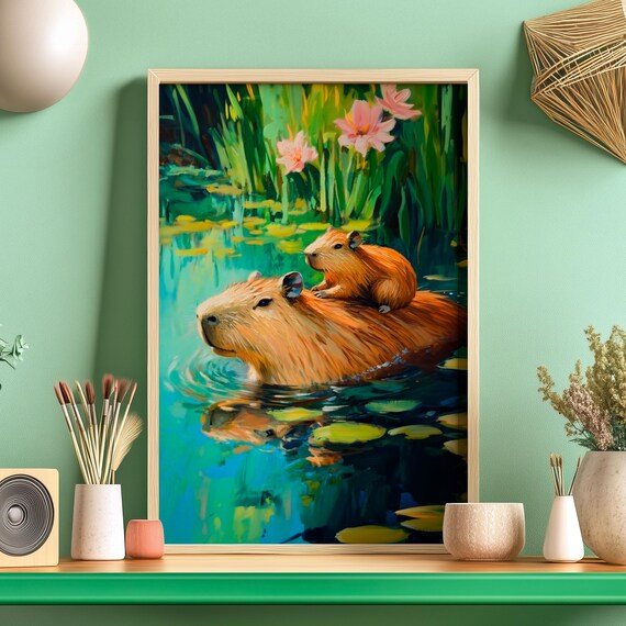 Capybara Mom Swimming With Her Baby Riding on Her Back Poster