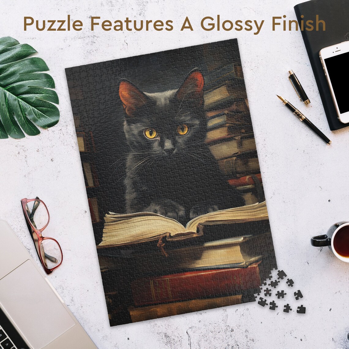 Black Cat Reading Book Jigsaw Puzzle, Family Activity - Image 3
