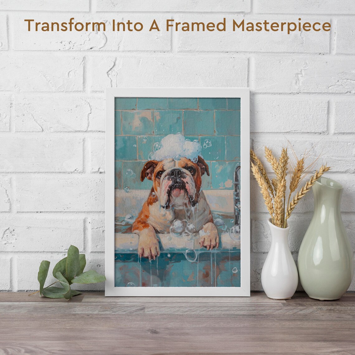 English Bulldog Taking a Soapy Bubble Bath in a Tiled Tub Poster - Image 2