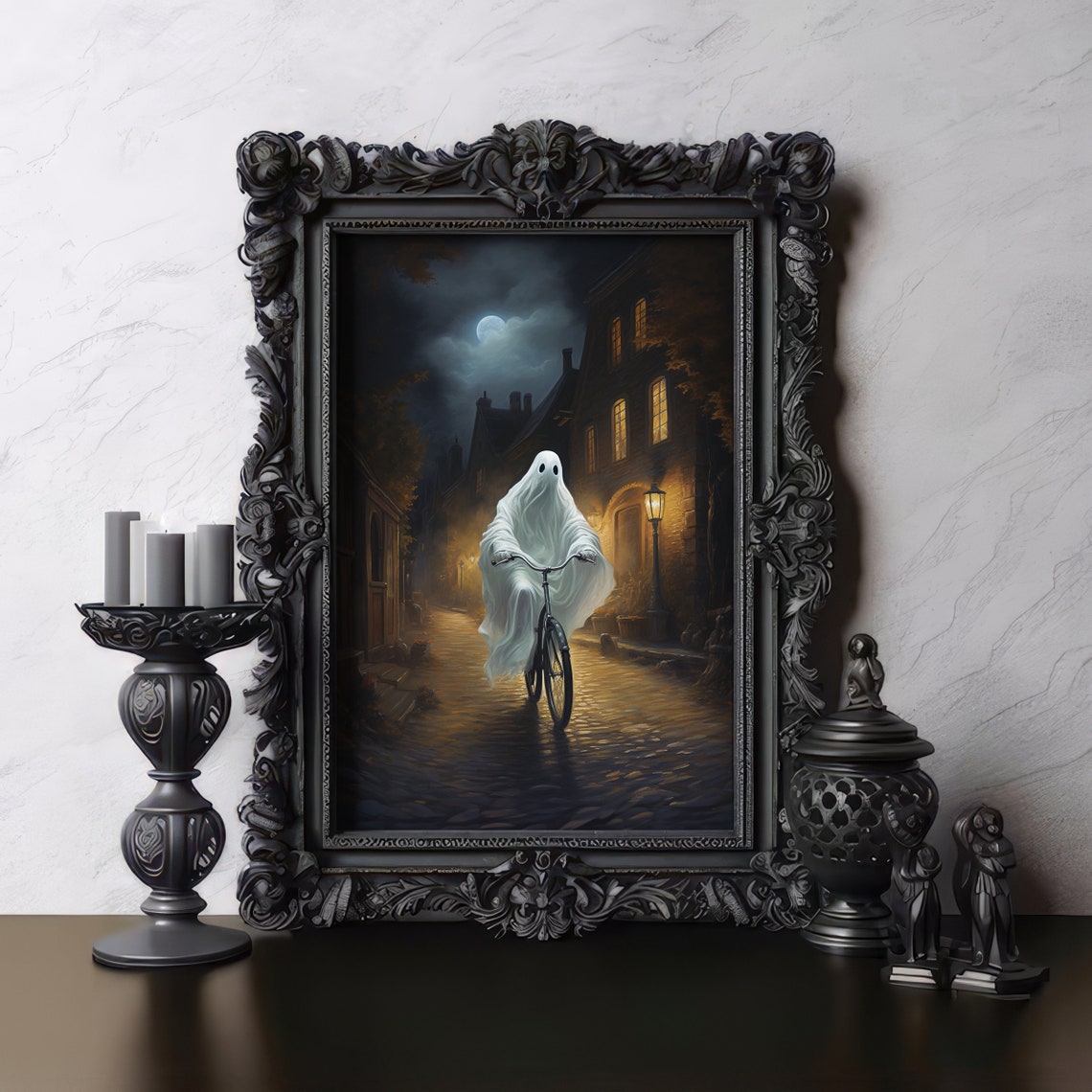 Ghost Riding Bicycle Moonlit Cobblestone Village Night Horror Poster