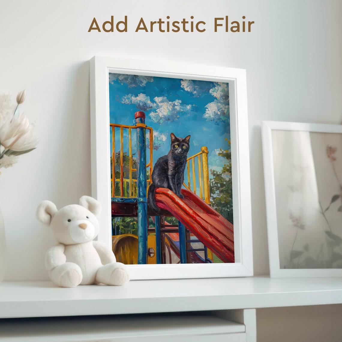 Black Cat Sitting at the Top of a Red Playground Slide Poster - Image 2