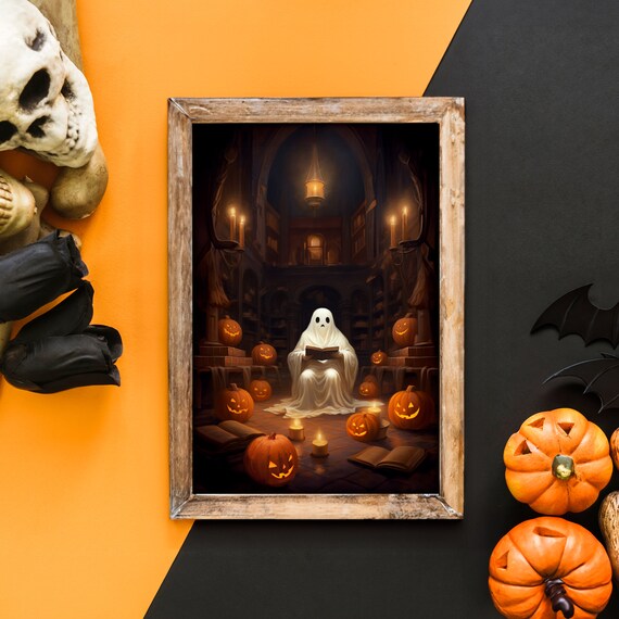 Halloween Ghost Reading Book Candlelit Library Pumpkin Night Poster