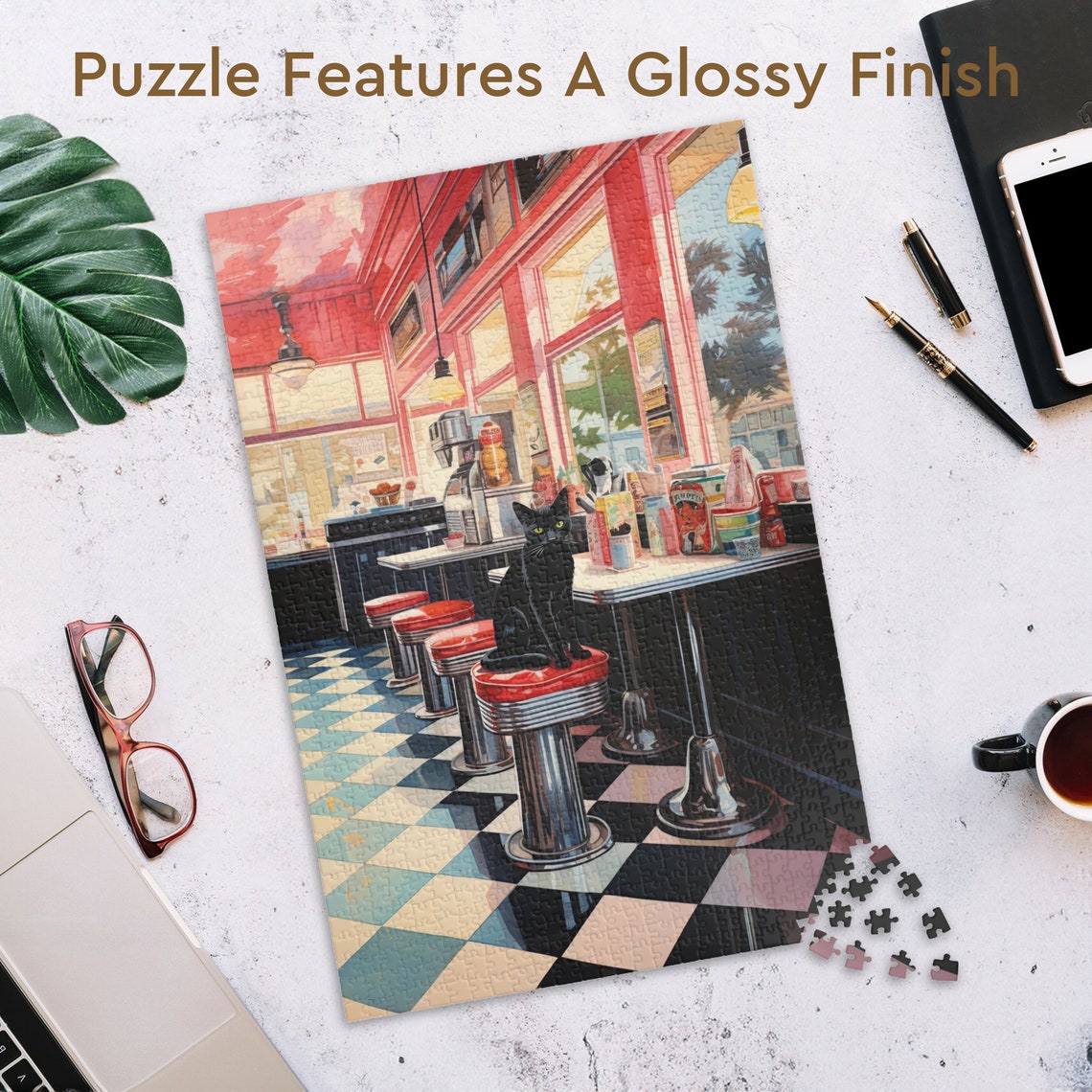 Retro Diner Cat Jigsaw Puzzle 1102525201014 Pcs Kids Adults Puzzle Black Cat Wall Decor Family Activity Vintage Restaurant Moody Art - Image 3