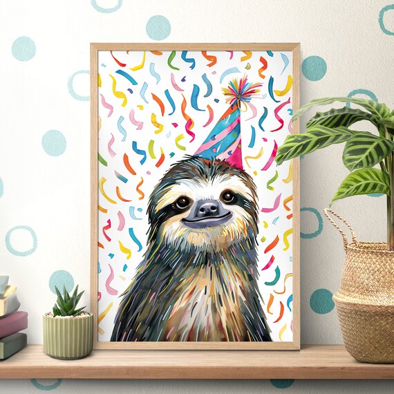 Colorful Party Hat Sloth Watercolor Birthday Celebration Poster