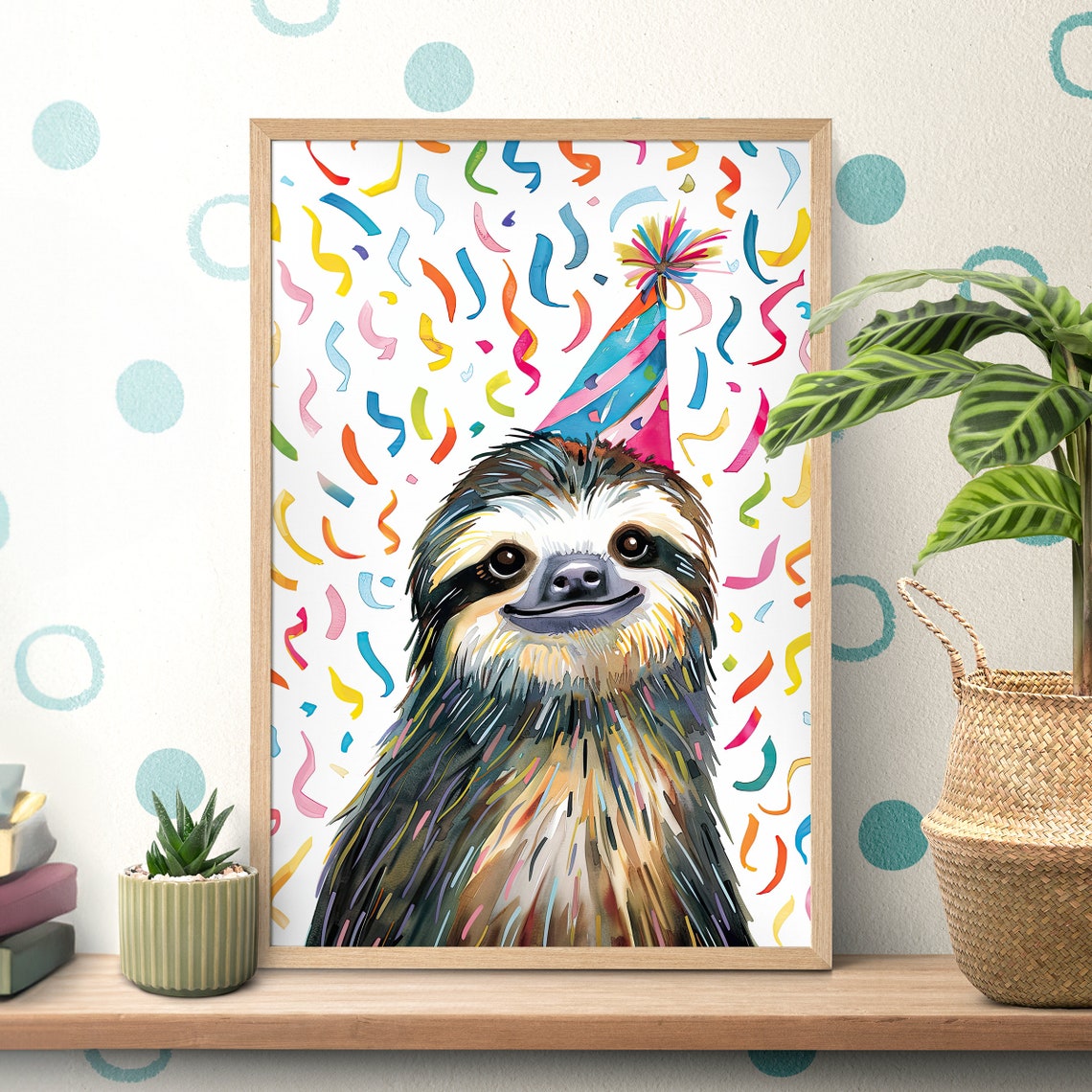 Colorful Party Hat Sloth Watercolor Birthday Celebration Poster
