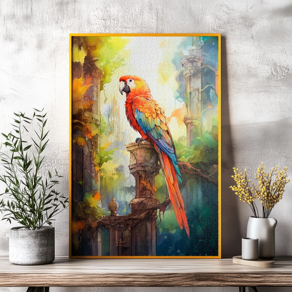 Colorful Scarlet Macaw Perched on Ancient Ruins Watercolor Poster