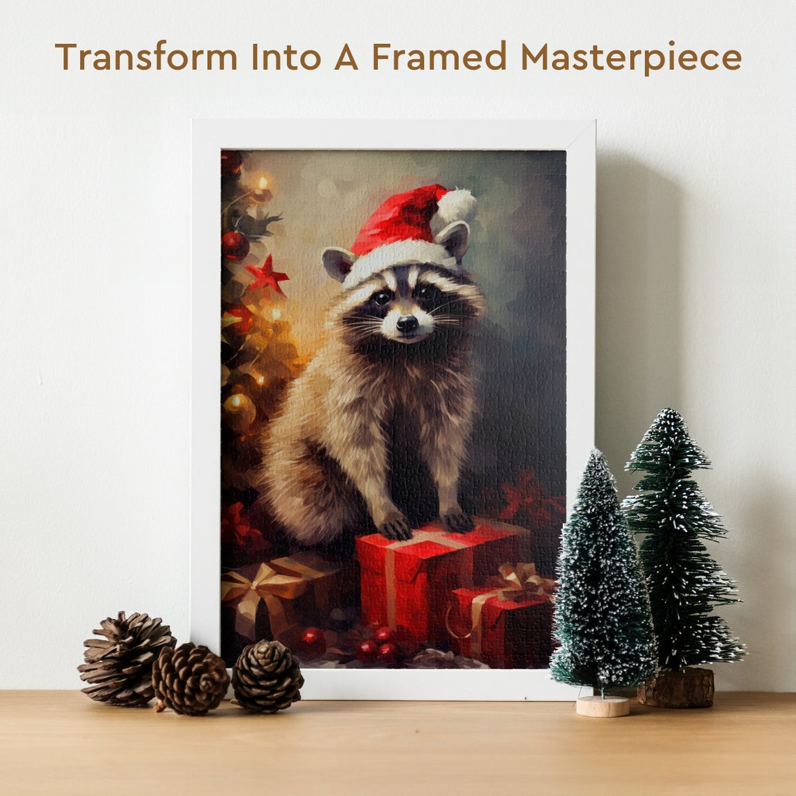 Raccoon Santa Hat Christmas Gifts Tree Holiday Jigsaw Puzzle Poster - Image 2