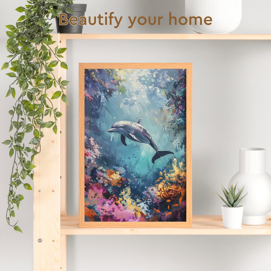 Dolphin Swimming Over a Vibrant Colorful Coral Reef Painting Poster - Image 3