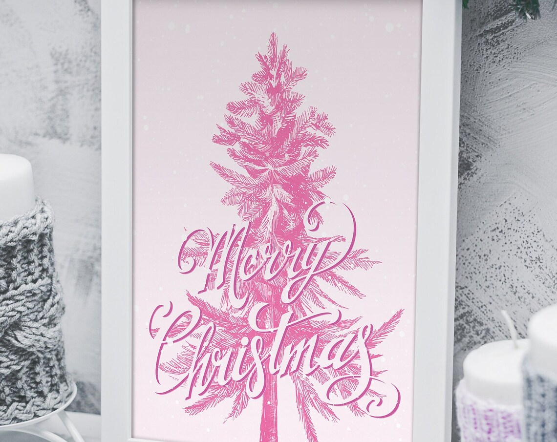 Pink Merry Christmas Tree Scripted Holiday Blush Pink Wall Art - Image 3