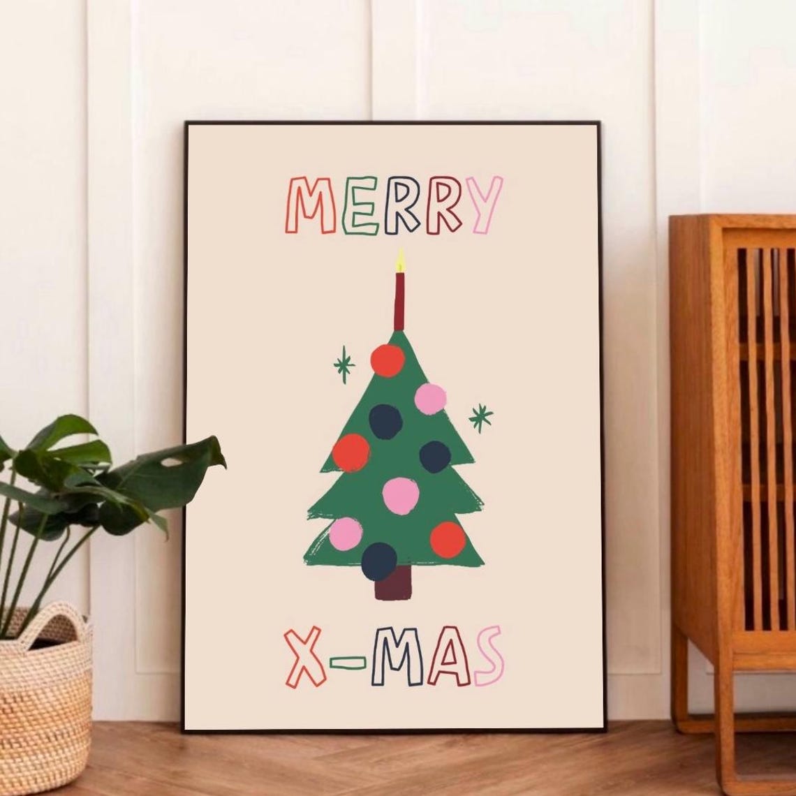 Modern Minimal Christmas Wall Art With Cute Tree Illustration And Merry Xmas Quote Simple Festive Holiday Home Decor