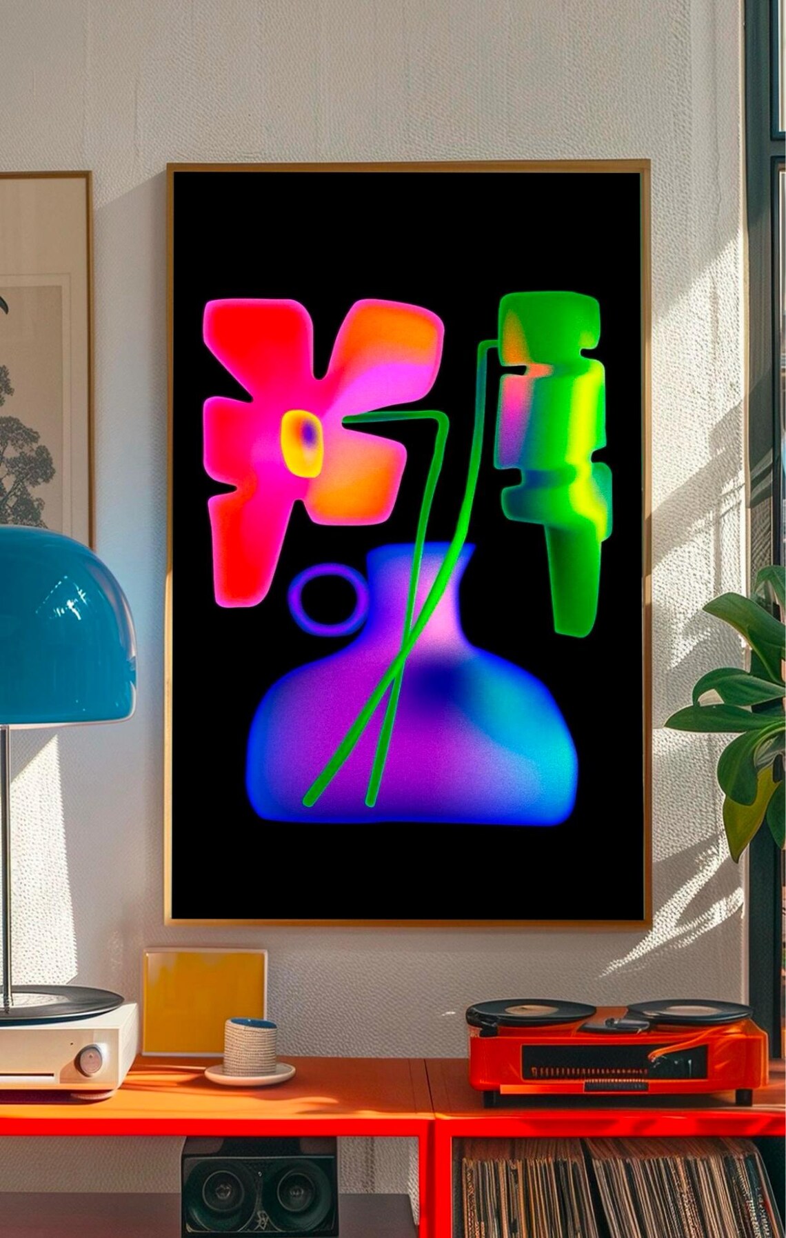 Neon Abstract Flower Vase Glowing Black Background Pop Poster