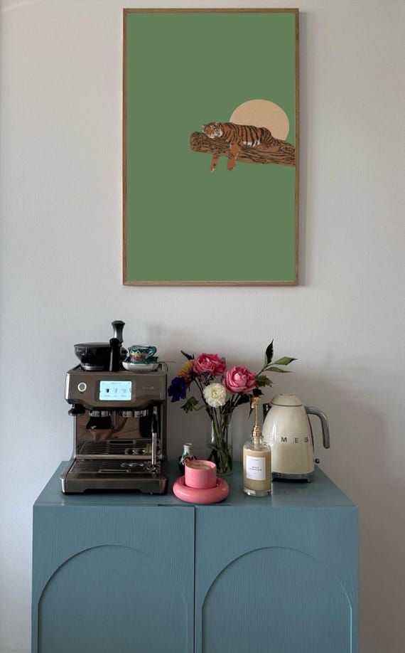 Minimalist Tiger Wall Art Print With Sunset On Green Background Calm Jungle Animal Poster For Boho Living Room Or Nature Inspired Decor
