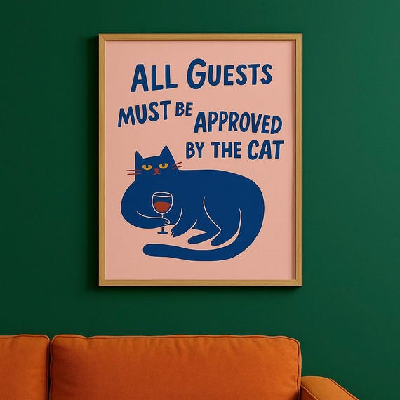 Funny Cat Rules Print Sassy With Wine Modern Home Decor