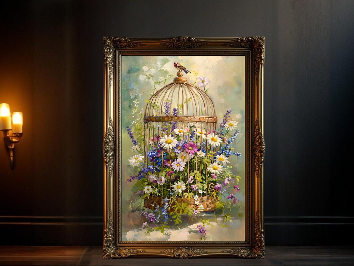 Floral Birdcage Vintage Oil Painting, Birdcage Art Print