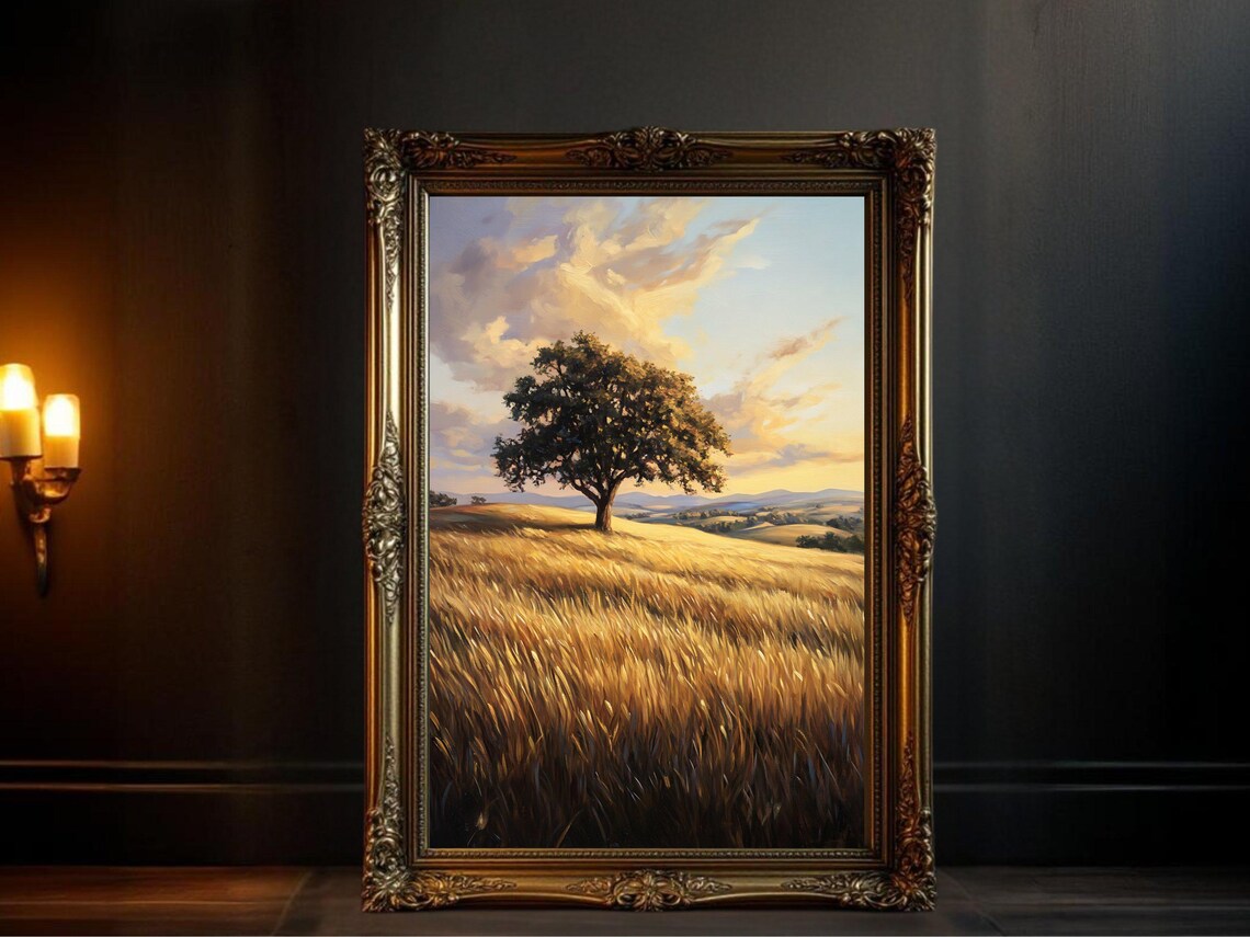 Tree In Field Sunset Landscape, Rustic Countryside Scene