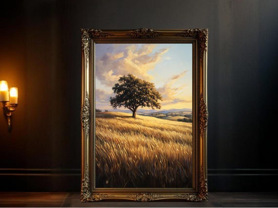 Tree In Field Sunset Landscape, Rustic Countryside Scene