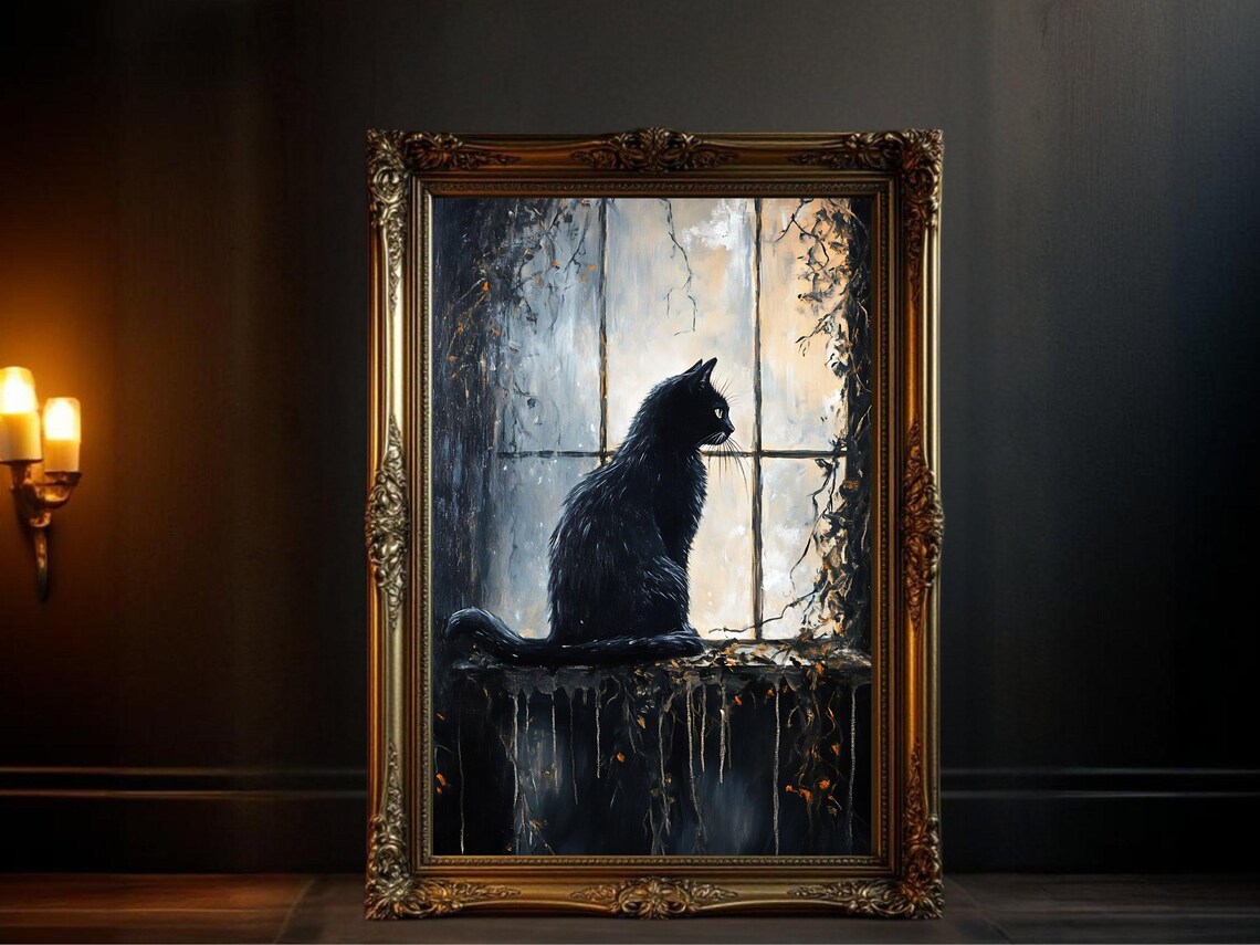 Gothic Black Cat Halloween Decor, Spooky Cat Art Print