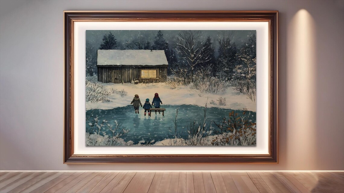 Vintage Winter Cabin And Ice Skating Scene - Image 3