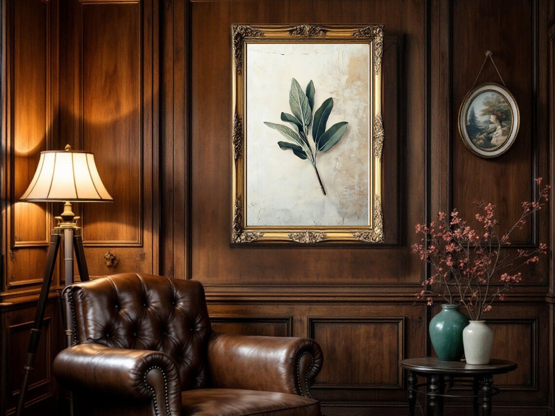 Sage Leaf Botanical Art Print, Vintage Oil Painting - Image 2