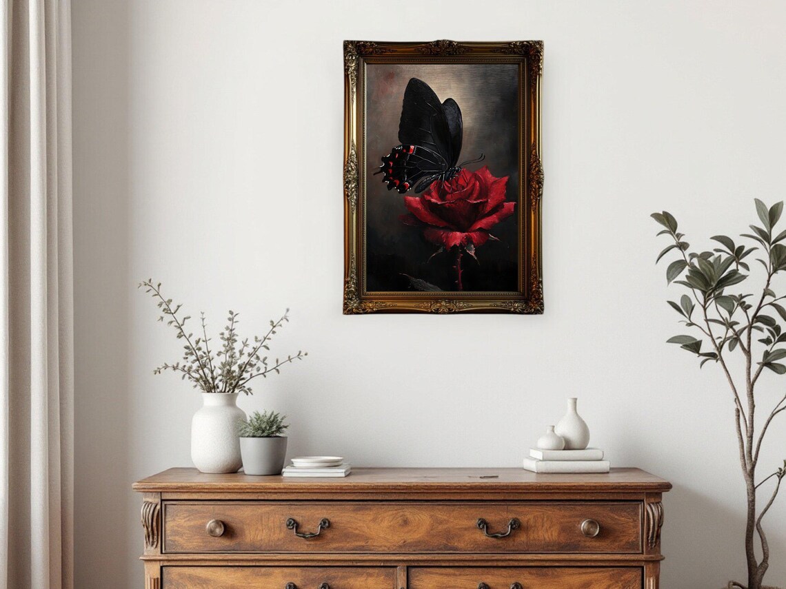 Black Butterfly On Red Rose, Gothic Nature Print - Image 3