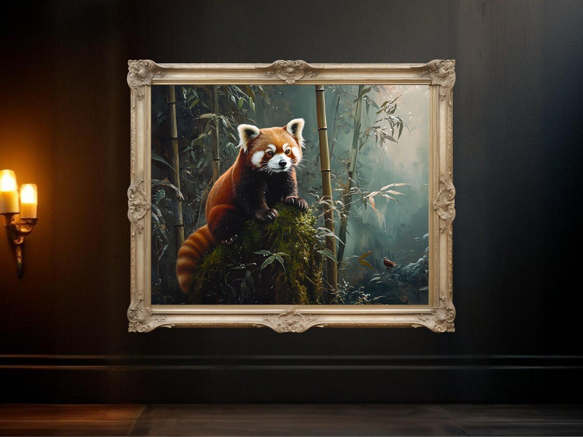 Red Panda on Mossy Rock, Forest Wildlife Illustration