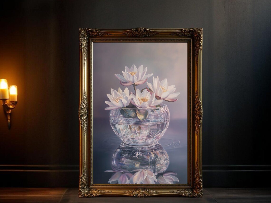 Water Lilies In Glass Bowl, Vintage Oil Painting