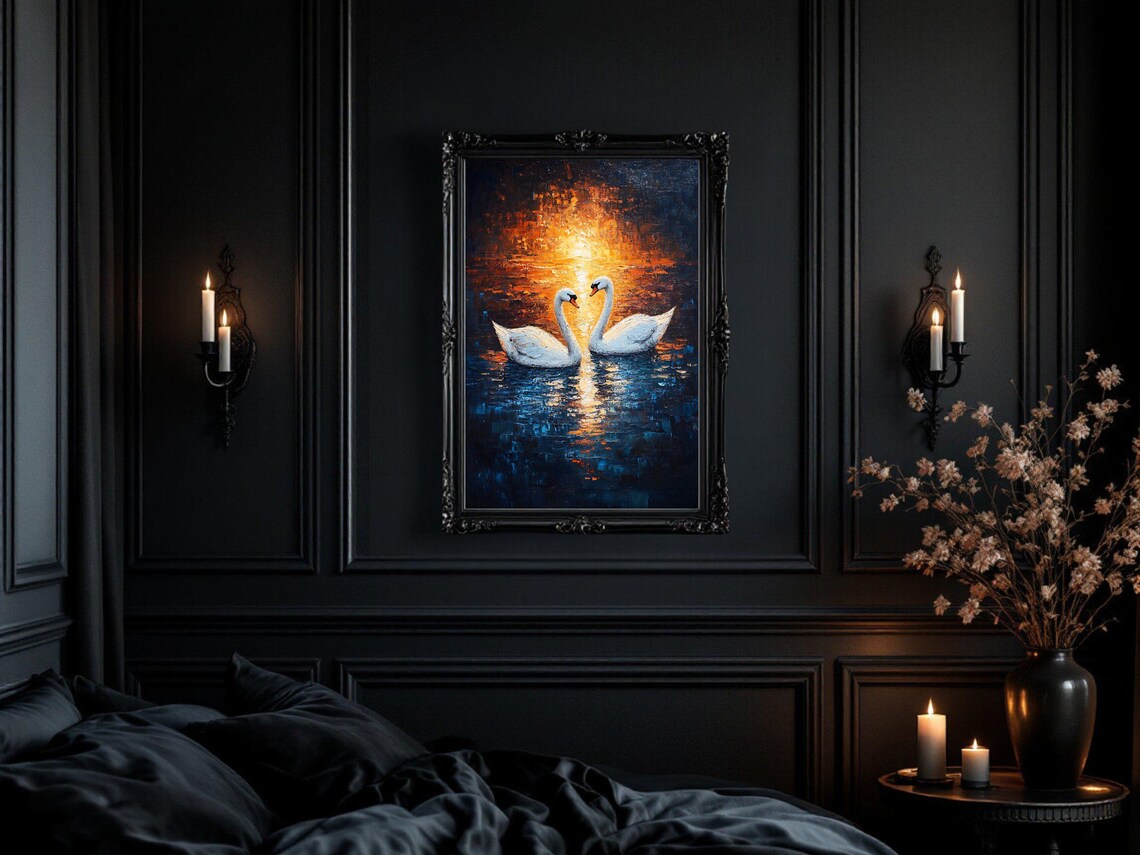Swan Couple at Sunset, Romantic Lake Scene Art Print - Image 2