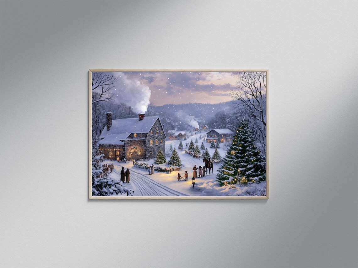 Snowy Village Winter Wonderland Scene, Christmas Holiday Art Print