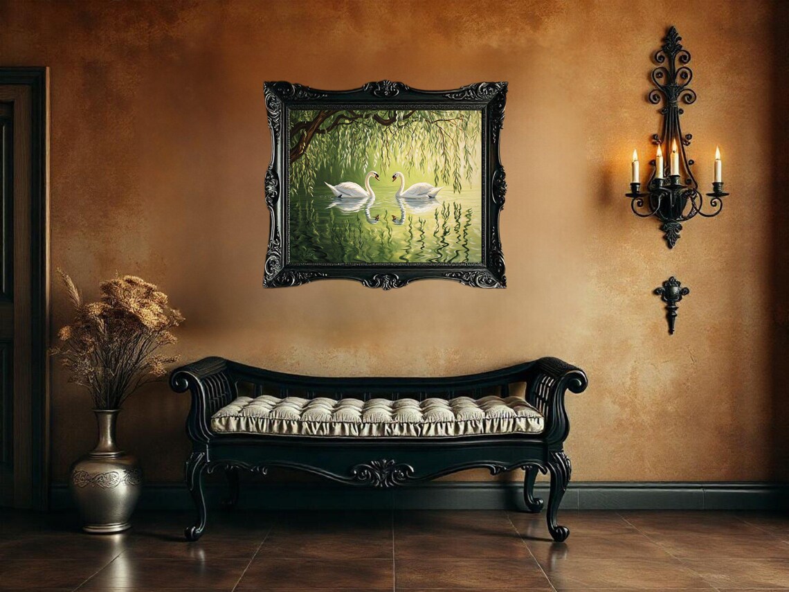 Swan Couple Nature Scene Painting, Serene Lake Decor - Image 2
