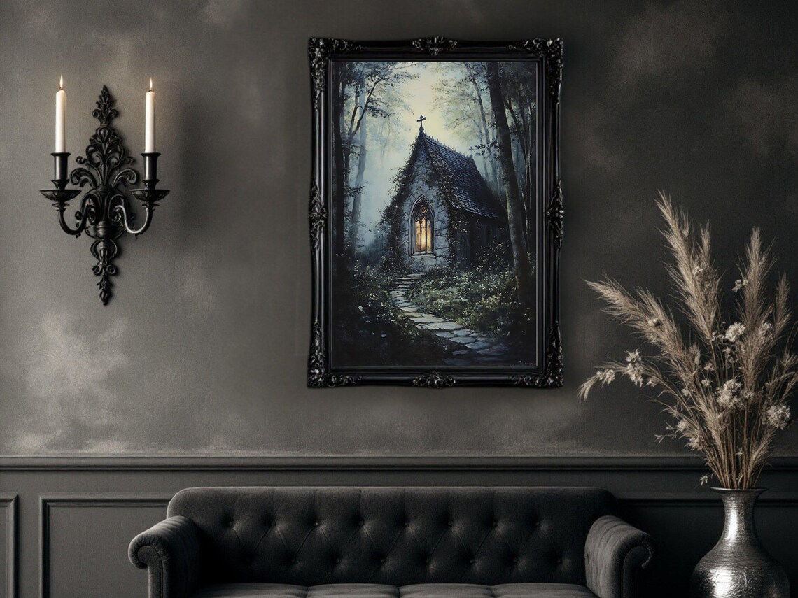 Gothic Chapel in Dark Forest, Mystical Church Art Print - Image 2