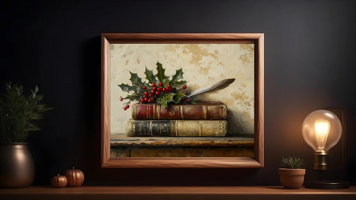 Vintage Holly And Books Rustic Christmas Decor - Image 2
