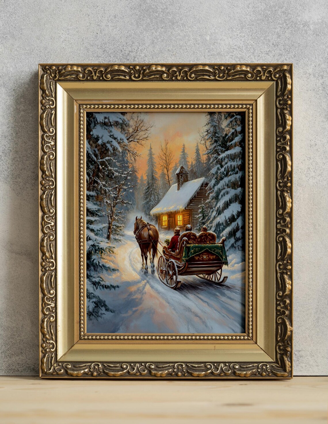 Horse Drawn Sleigh Christmas Art, Vintage Holiday