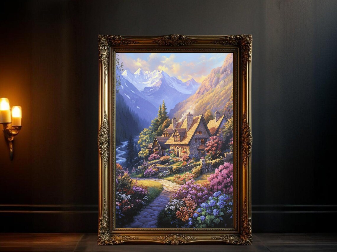 Enchanting Cottage In Bloom, Mountain Landscape Print
