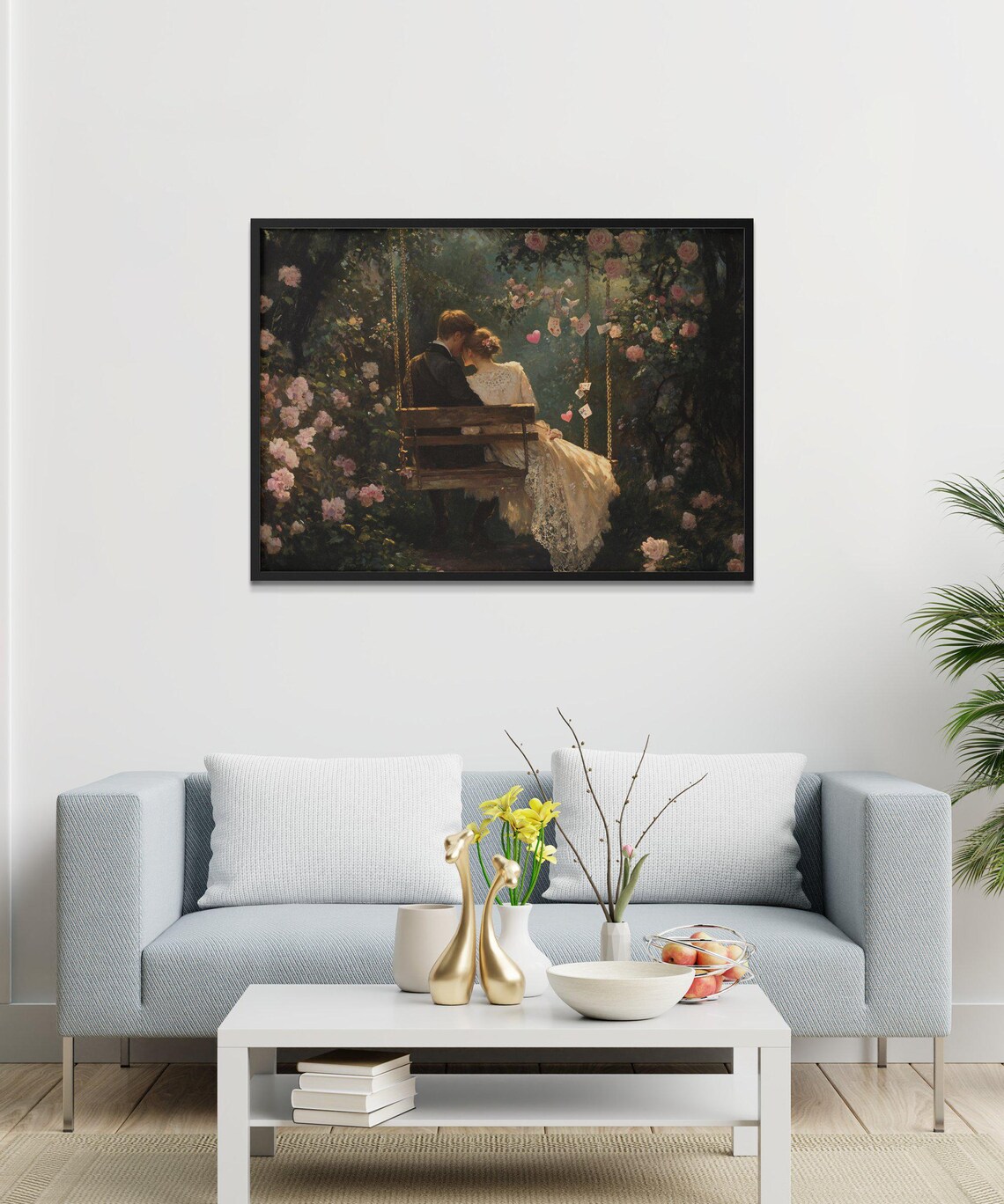 Romantic Couple Swinging In Enchanted Garden, Vintage Love Painting - Image 3