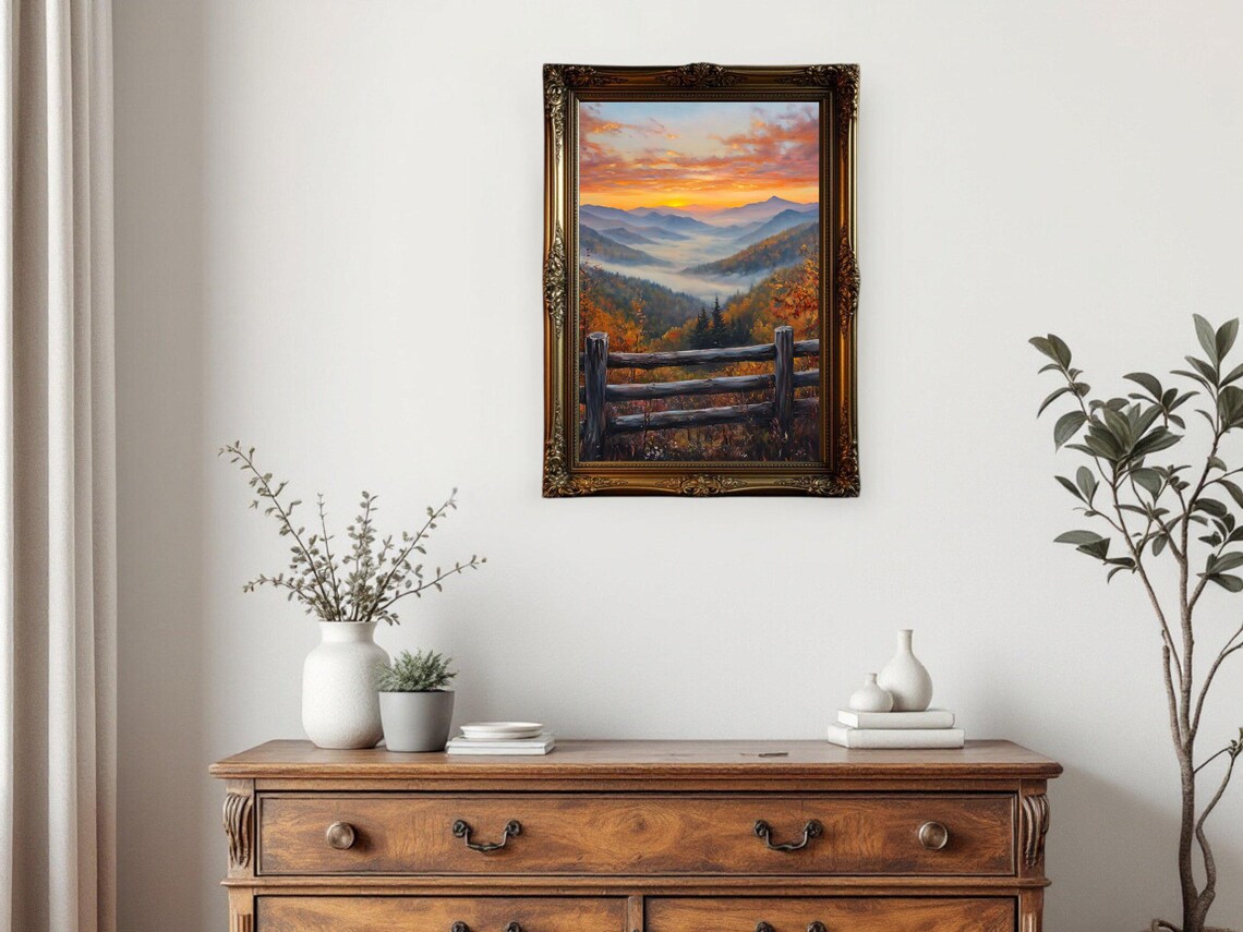 Mountain Sunset Landscape, Autumn Forest Painting - Image 2